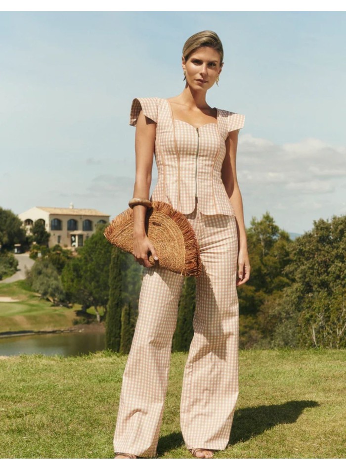 Beige vichy top with corset effect and peplum...