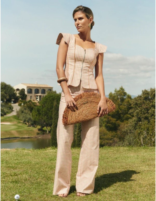 Pantalon large taille haute vichy beige