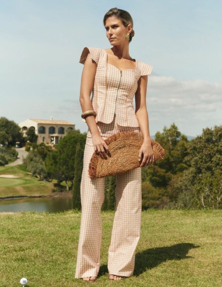 Beige vichy high-waist wide-leg pants