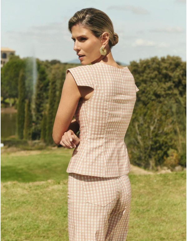 Pantalón beige de vichy de tiro alto y pierna ancha 2