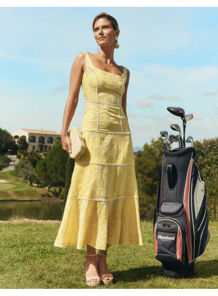 Robe midi brodée jaune avec larges bretelles et...