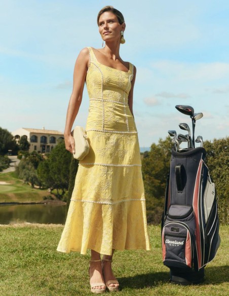 Embroidered yellow midi dress with wide straps and full skirt
