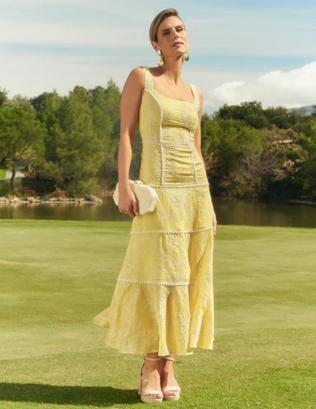 Embroidered yellow midi dress with wide straps and full skirt