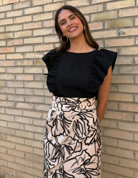 Jupe midi évasée à imprimé noir et blanc