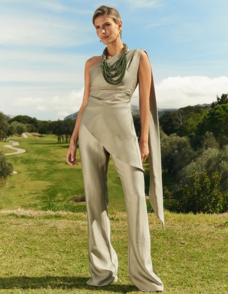 Pantalon vert kaki à taille haute, large jambe droite et finition satinée