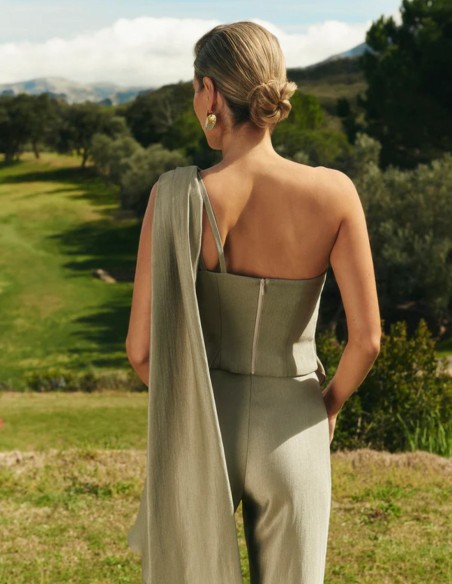 Khaki green high-waist and wide straight leg pants with satin finish