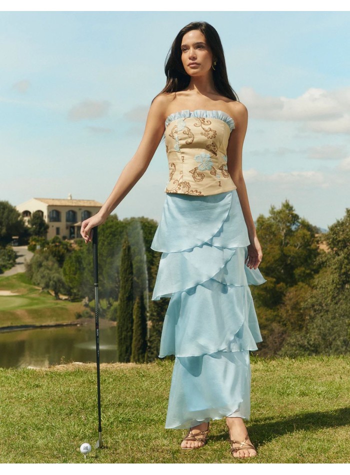 Light blue maxi skirt with tiered ruffles in...