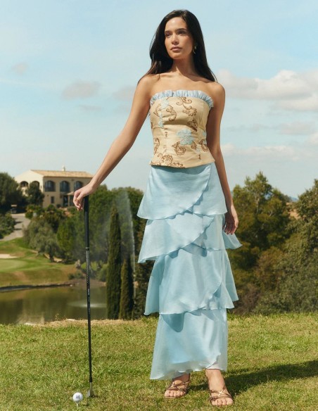 Light blue maxi skirt with tiered ruffles in flowing chiffon