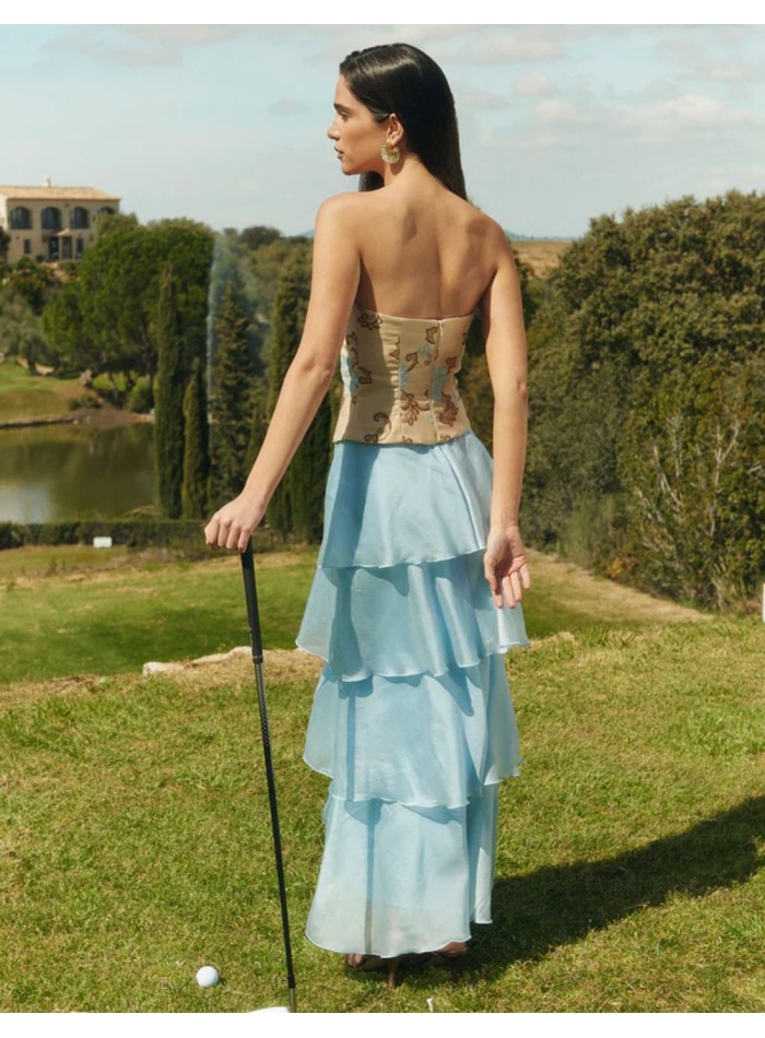 Light blue maxi skirt with tiered ruffles in...