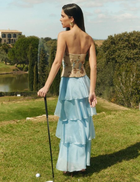 Jupe longue bleu clair avec volants en mousseline de soie fluide