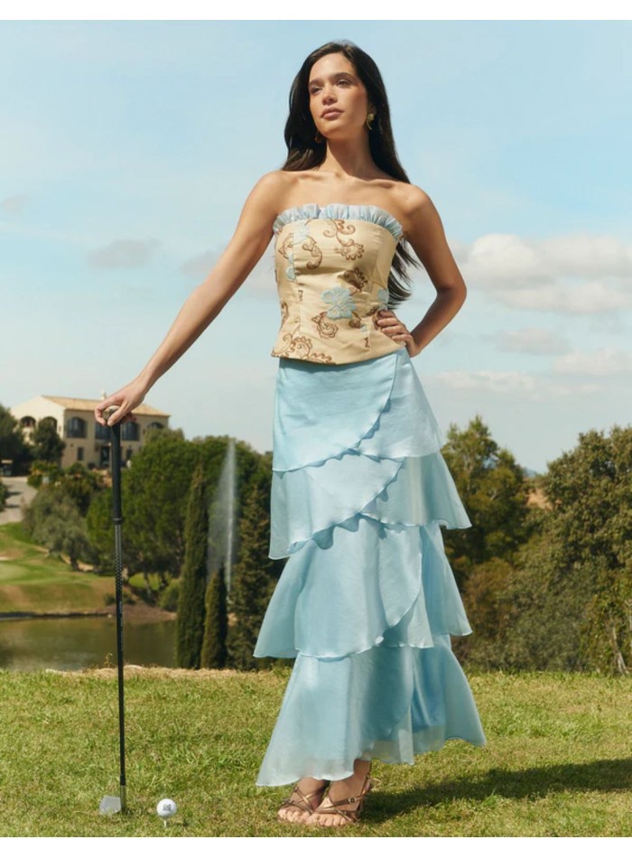 Light blue maxi skirt with tiered ruffles in...