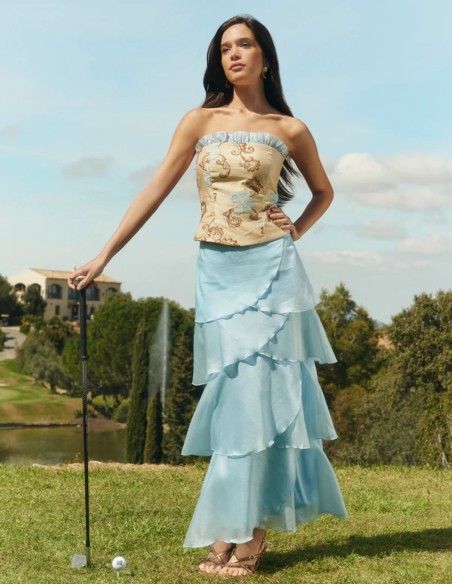 Light blue maxi skirt with tiered ruffles in flowing chiffon