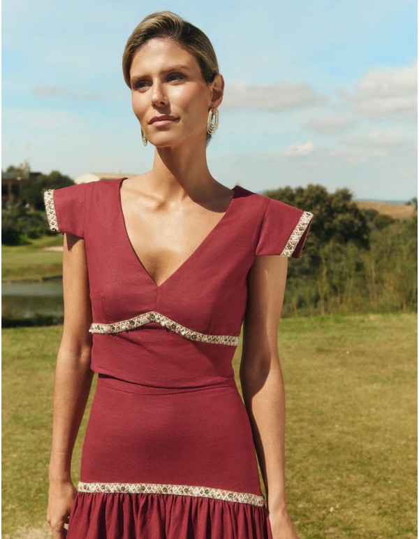 Cherry crop top with V-neckline and handcrafted...