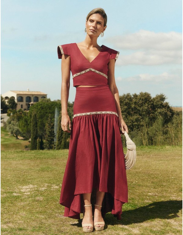 Asymmetrical cherry skirt with flounce and handcrafted...