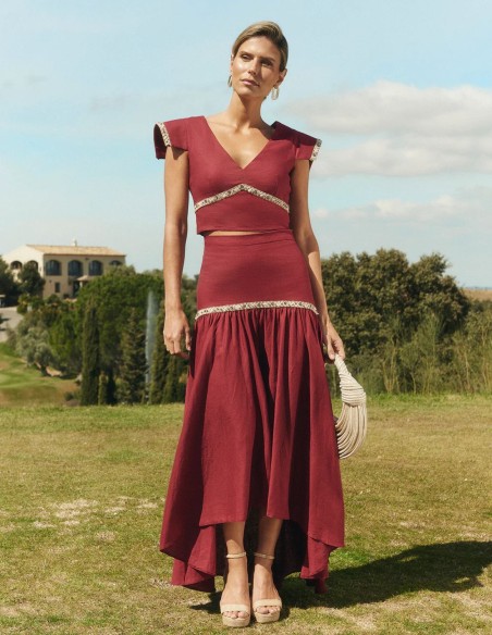 Asymmetrical cherry skirt with flounce and handcrafted linen detailing