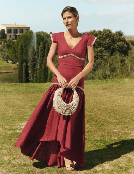 Asymmetrical cherry skirt with flounce and handcrafted linen detailing