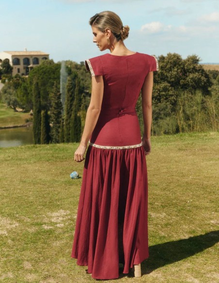 Asymmetrical cherry skirt with flounce and handcrafted linen detailing