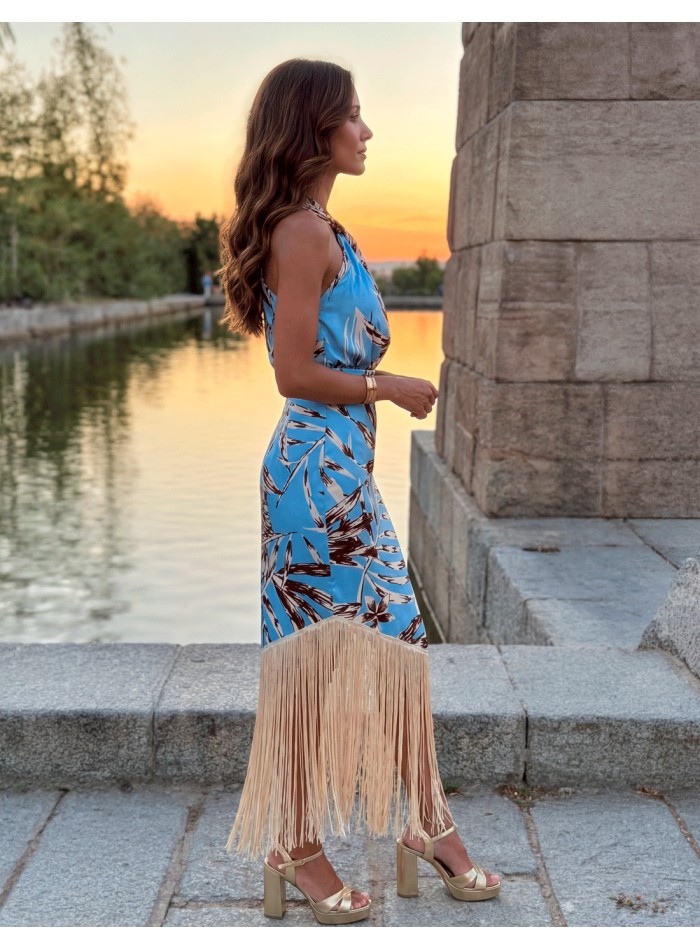 Vestido halter estampado con flecos en tonos...
