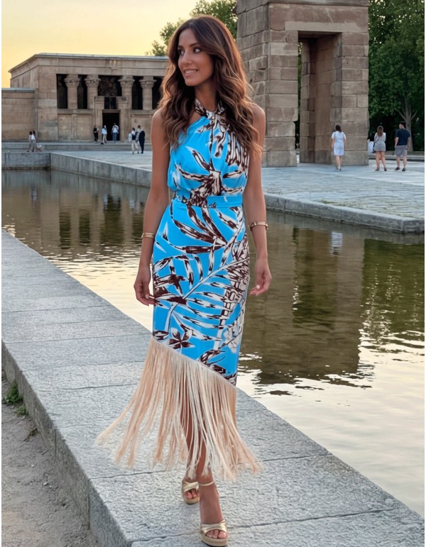 Robe dos nu à imprimé frangé bleu pour invitée