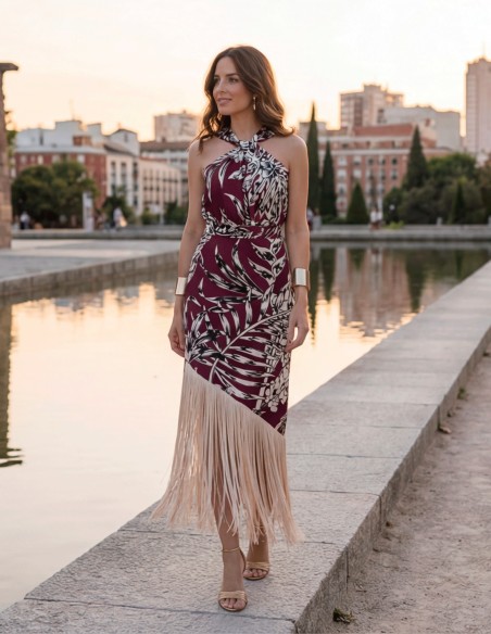 Garnet halter dress with bangs for elegant wedding guests