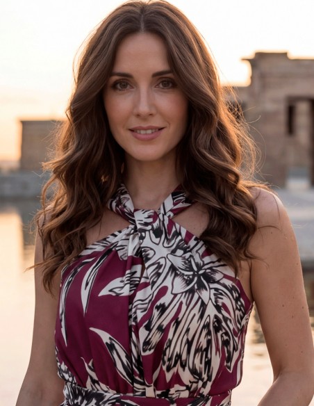 Vestido halter granate con flecos para invitada elegante