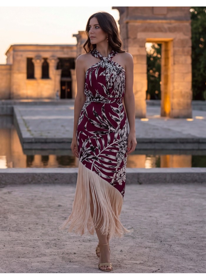 Maroon halter dress with bangs