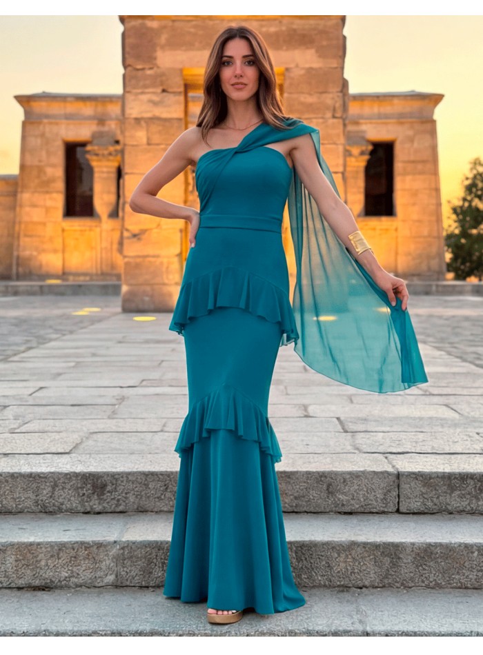 Asymmetrical ocean blue maxi dress with cape and ruffles