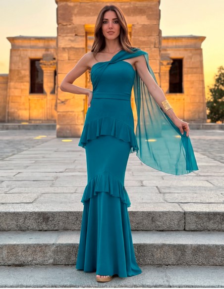 Vestido largo azul océano asimétrico con capa y volantes para invitada