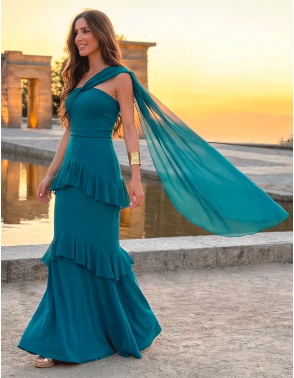 Asymmetrical ocean blue maxi dress with cape and ruffles 2