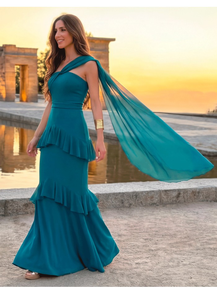 Robe longue asymétrique bleu océan avec cape et...