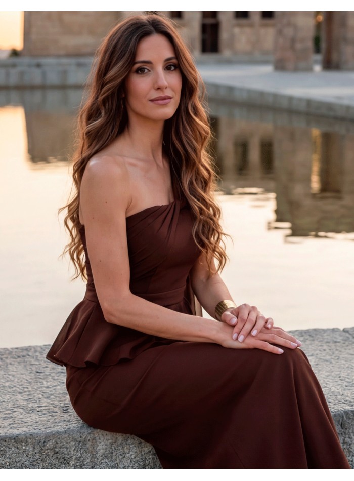 brown asymmetrical long gown for wedding guests