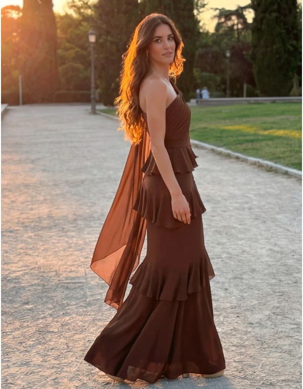 Brown asymmetrical long dress with cape and ruffles for wedding guests 2