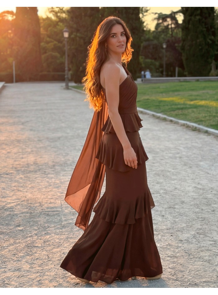 Brown asymmetrical long dress with cape and...