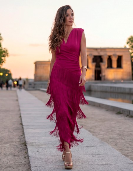 Vestido buganvilla de flecos largo para invitada elegante