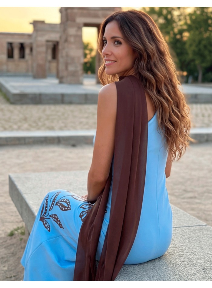 Robe midi bleue avec imprimé floral marron et...