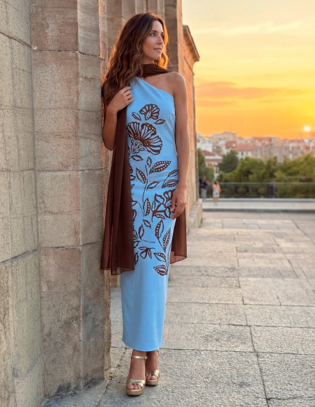 Blue midi dress with brown floral print and shawl