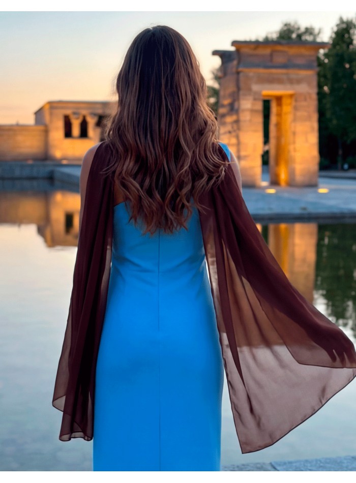 Robe midi bleue avec imprimé floral marron et...