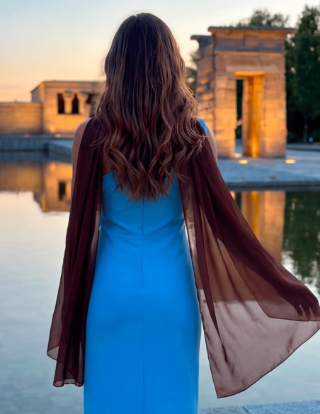 Blue midi dress with floral print in brown tones and matching shawl.
