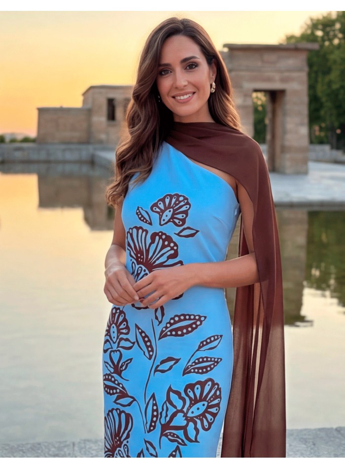 Vestido midi azul con estampado floral marrón y...
