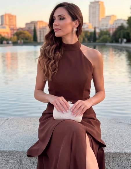 Brown halter dress with flowing chiffon skirt