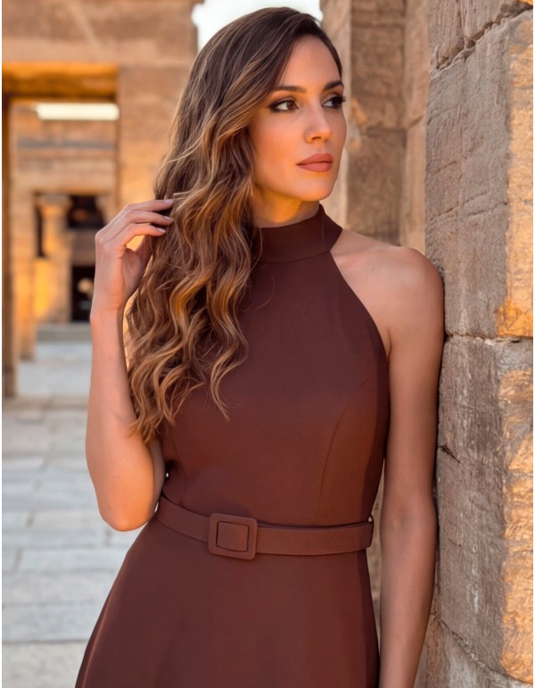 Brown halter dress with flowing chiffon skirt for wedding guest 2