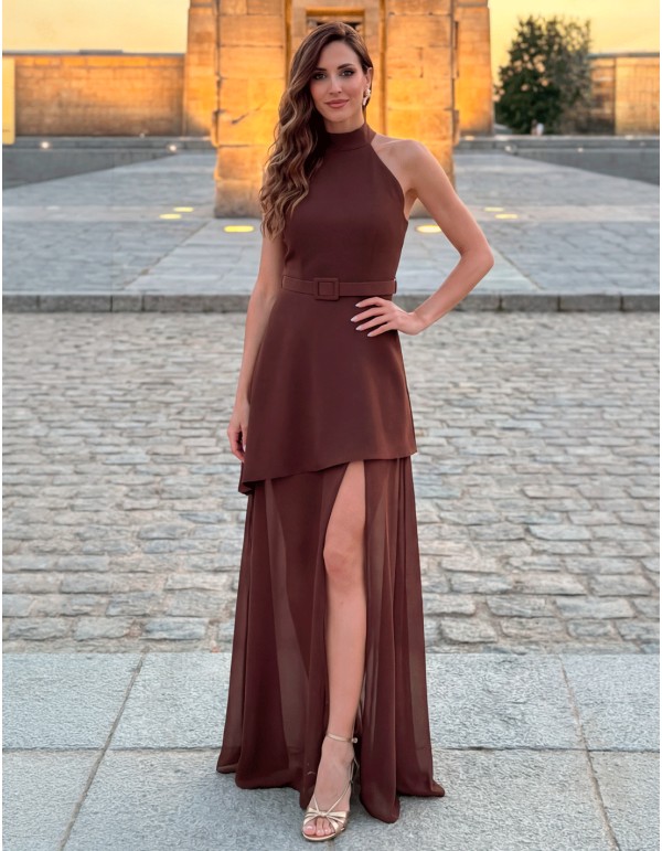Brown halter dress with flowing chiffon skirt for wedding guest