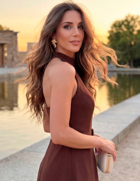 Vestido marrón halter con falda de gasa vaporosa para invitada