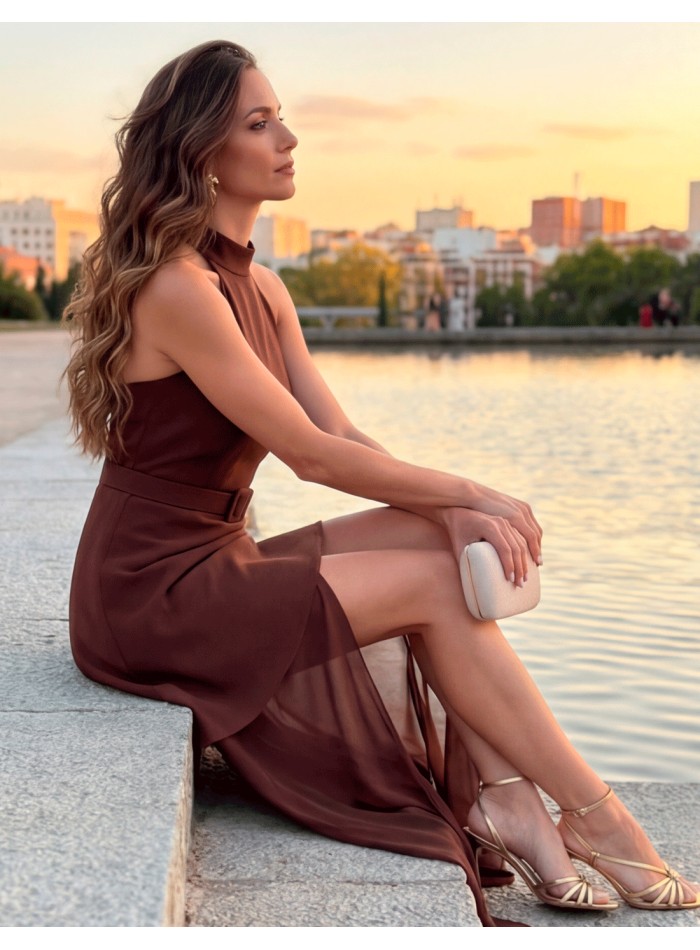 Vestido marrón halter con falda de gasa...