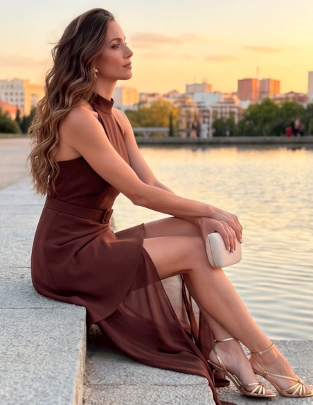 Vestido marrón halter con falda de gasa vaporosa para invitada