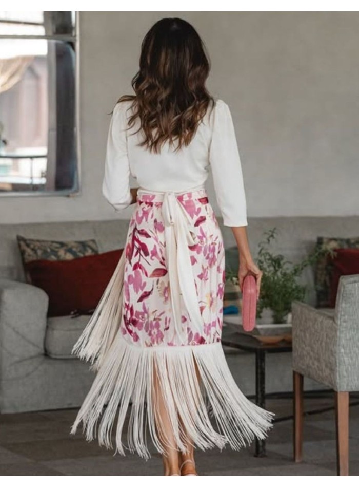 Beige skirt with bangs and printed in pink tones