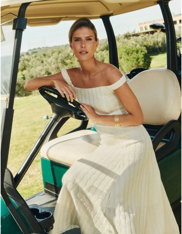 Midi dress with flared silhouette and bardot neckline 2