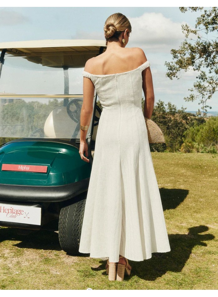 Midi dress with flared silhouette and bardot...