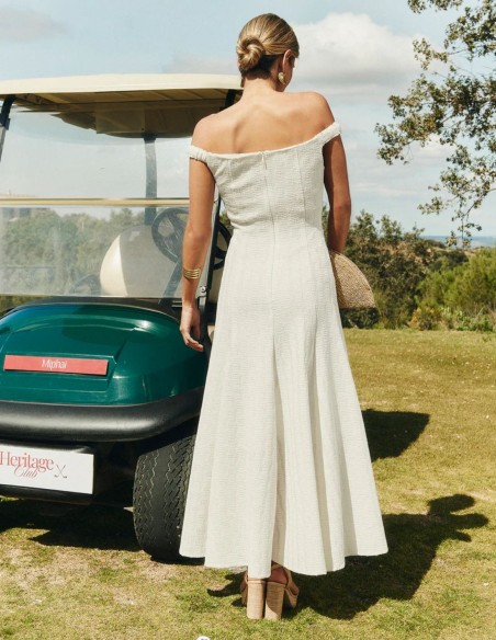 Midi dress with flared silhouette and bardot neckline