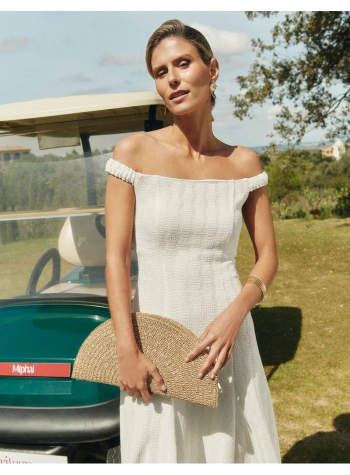 Midi dress with flared silhouette and bardot...